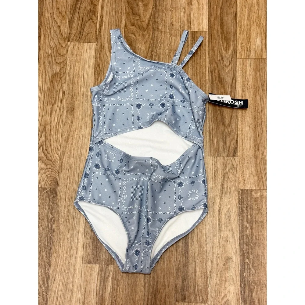 OshKosh Bgosh Girls Blue Floral Bandana Cutout One Piece Swimsuit UPF 50+ Size 8